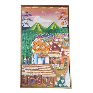 Nicaraguan Country Folk Art Oil Painting on Canvas Signed Flowers Village Life